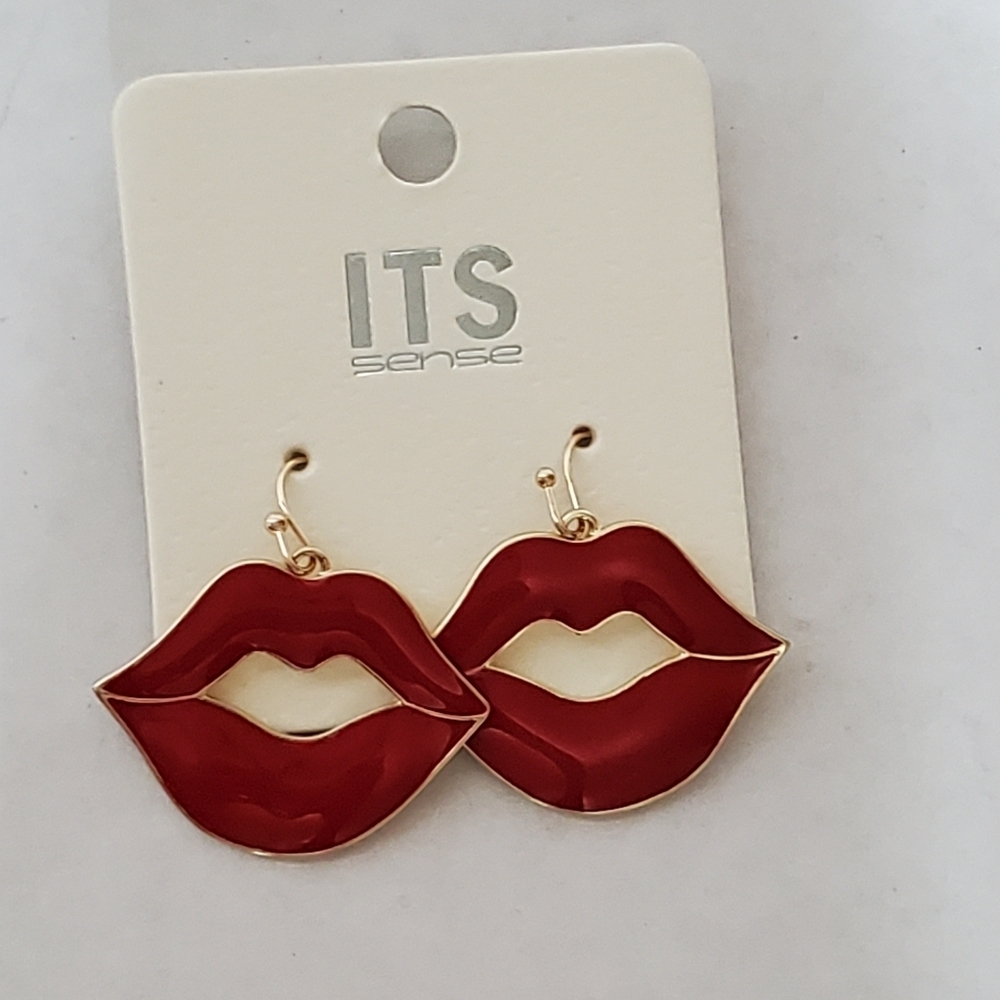 Red Glossy Lips Earrings with Gold Trim